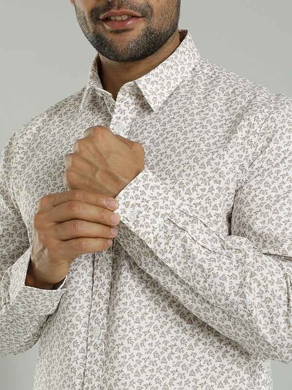 Indian Terrain Men's Regular Fit Full Sleeve Floral Print Off White Shirt